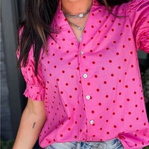 entro Pink Blouse with Red Polka Dots and Puff Sleeves